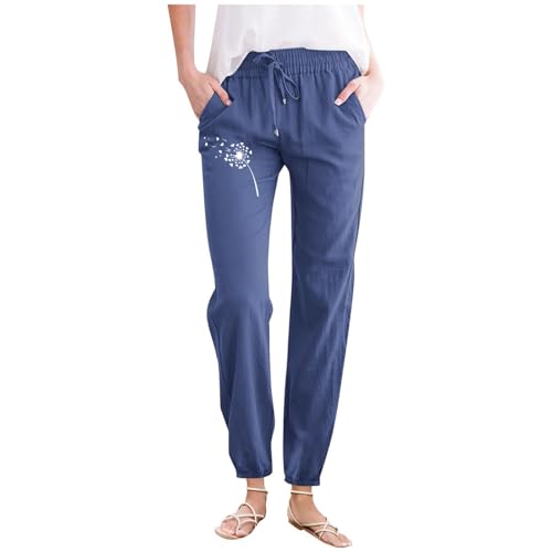 Weite Strandhose Damen Sommer Lässige, minimalistische Frühlings-/Sommerhose für Damen, einfarbig, mit bedruckten Taschen Kordelzug, Heimhose 3 Damen Hosen Sommer Länge Hosen für Outdoor (Navy, XL)