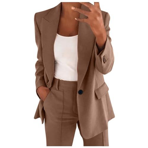 Damen-Blazer, Anzug, modisch, elegant, einfarbig, Oberbekleidung, Revers, lange Ärmel, Knopf, Cardigan, Jacke, lange Hose, 2-teiliges Outfit, zweiteilige Anzüge für Frauen, khaki, Medium