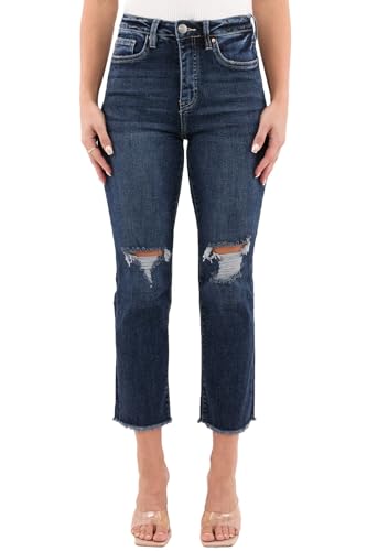 RFM Dylan High Rise Straight Cropped Fray Jeans mit integrierter Bauchkontrolle – Premium Stretchy Denim (erhältlich in Plus), Ripped Dark Wash, 54 Mehr