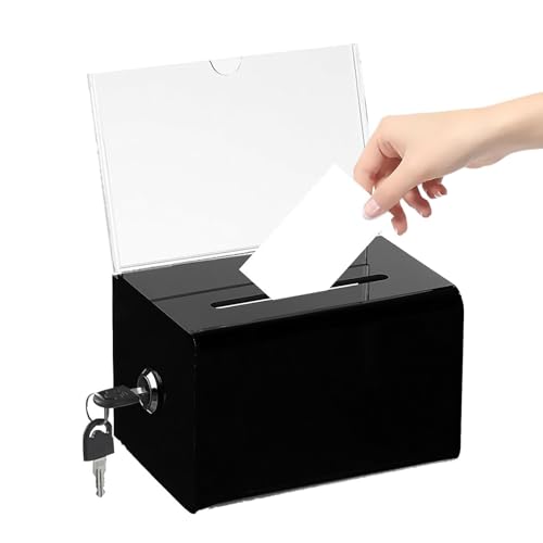 Acrylspendenbox, Spendenbox Abschließbar, Wahlurne Transparent mit Schlüssel Schloss, mit Aufkleber, für Visitenkarten, Abstimmungen, Gewinnspiele, Schwarz