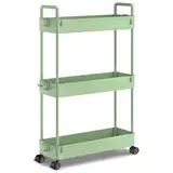 SOLEJAZZ 3-Tier Storage Trolley Cart Slide-Out Slim Rolling Utility Cart Mobile Storage Shelving Organizer für Küche, Bad, Waschküche, Schlafzimmer, schmale Orte, Kunststoff, Grün