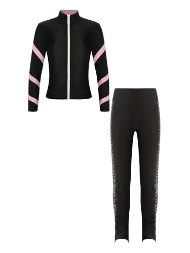 Freebily Kinder Mädchen Eiskunstlauf Anzug Jacke Hose Sport Set Eislaufen Trainingsoutfit Strass Sweatjacke Leggings Performance Tanzkleidung Rosa_F 146-152