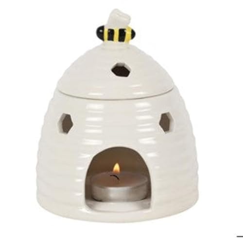 Skurrile weiße Bienenstock-Ölbrenner, 14 cm x 11 cm, Bezauberndes Keramik-Design mit süßem Bienen-Akzent, geeignet für Duftöle und Wachsschmelzen