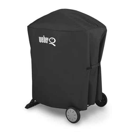Weber Premium Grillabdeckhaube für Q1000, 2000 mit Stand oder Rollwagen, atmungsaktiv UV- & wasserbeständig, Schutz for Wind & Wetter, mit Klettverschluss zum Befestigen, Grillcover - Schwarz (7120)