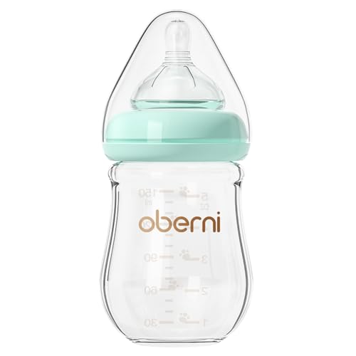 Oberni Babyflaschen aus Glas mit Silikon Sauger Größe 1, Milchflasche Weiter Öffnung, Babyflasche mit Anti-Colic-Ventil für Neugeborene Babys ab 0+ Monate, 150ml, Blau, 1 Stück