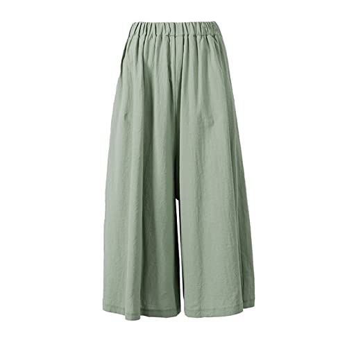 Damen Leinen LäSsig Ausgestellte Hose Elastische Taille Lose Wandern Palazzo Hose Einfarbig Breites Bein Hohe Taille Rockhose (M,Hellgrün)