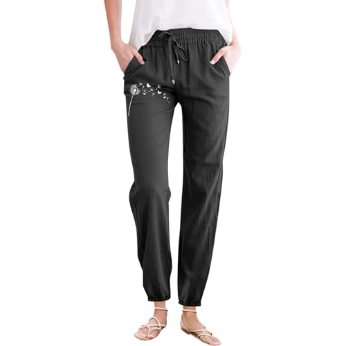 Strand Hose Damen Damen Leisure Simple Fashion Local Delion Printing Solid Color Pants Pocket Draw String Household Outdoor Trousers Features: Länge Luftige Hose Damen (Black, XL)