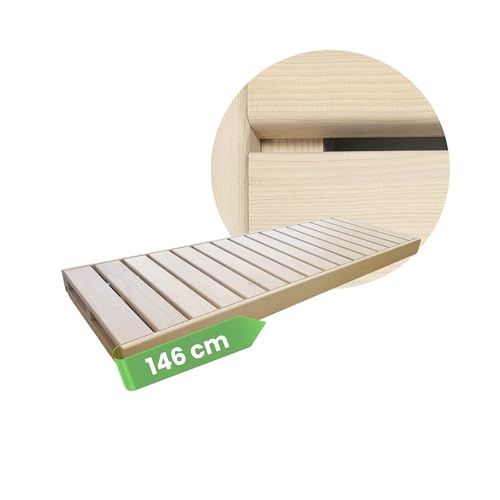 Suleno® Sauna Zubehör – Saunaliege Holz aus Hemlock, kürzbar, astarm – Saunabank LARVIK in 3 Größen – fertig montierte Saunaliege – hochwertiges Saunaholz, ideal für Saunabänke (146 x 50 cm)