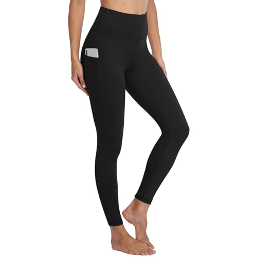 Gayhay Sport Leggings Damen mit Taschen High Waist Schwarze Sportleggins Lang Sporthose Laufhose Bauchweg Blickdicht Fitnesshose Yoga Gym Leggings Schwarz.S-M