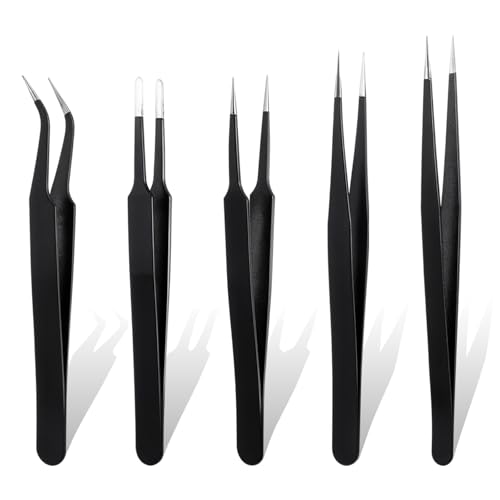 TIESOME 5 Stück Edelstahl Präzisionspinzette Set, 5 Stile Perlen Pinzette für Handwerk Antistatische Pinzette Set Maniküre Werkzeuge für Handwerk Schmuck Elektronik Laborarbeit