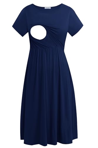 Smallshow Damen Lässiges Kurzarm Stillkleid Umstandskleid für Stillen Navy X-Large