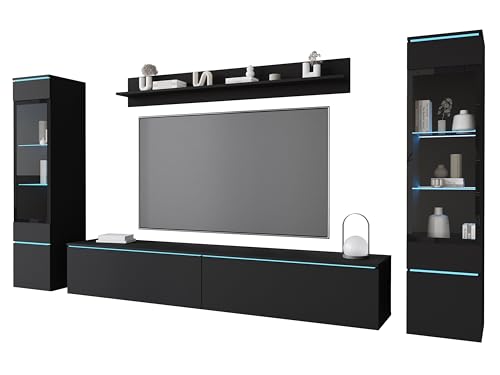 MINIO go for it - Wohnwand 4-Teilig Set Veve 2 I Hängend oder Stehend I 2X Hochschrank-Vitrine I Lowboard Wandboard I Laminierte Spannplatte I Schwarz Graphit Matt - LED Beleuchtung