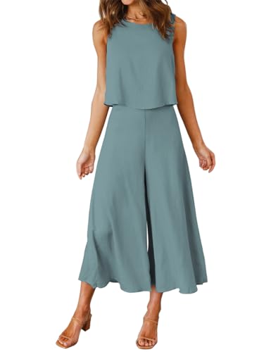 FANCYINN Damen Sommer Zweiteiliges Outfit Jumpsuit Festlich Hochzeit Lang Hosenanzug Ärmelloses Rundhals Tanktop Gekürzte Weites Bein Hose Playsuit Haze Blau M