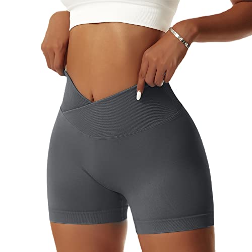 Vertvie Damen Gym Shorts V Cross Stretch Push Up Yoga Shorts Booty Scrunch Fitness Hosen Kurz High Waist Nahtlos Workout Sportshorts Butt Lift Kurze Leggings Sommer (Dunkelgrau, S)