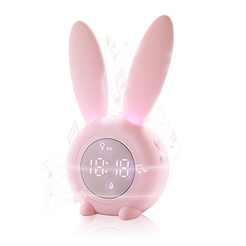 KIPIDA Kinder Lichtwecker Cute Rabbit, Kinder Nachtlicht Lichtwecker, Rabbit wecker Kinder Mädchen, Kinderwecker Digital mit Musik, Wecker mit Licht, USB Wecker Kinder, Nachtlicht Nachttischlampe