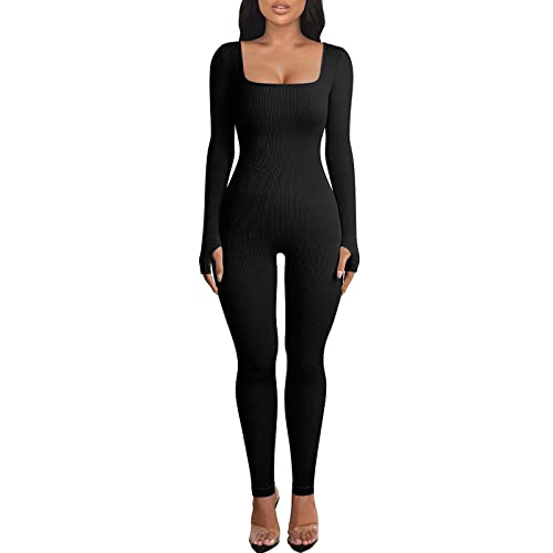 OEAK Damen Sport Jumpsuit Lang Eng Yoga Bodysuit Overall Stretch Langarm Bodycon Strampler Sportanzug Einteiler Hosenanzug Trainingsanzug,Schwarz,S