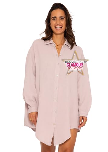 SASSYCLASSY Oversize Musselin Bluse Damen Langarm in Puderrosa - Oversized Freizeit Look - Hemdbluse lang aus Baumwolle mit V Ausschnitt - Long-Bluse One Size (Gr. 36-48)