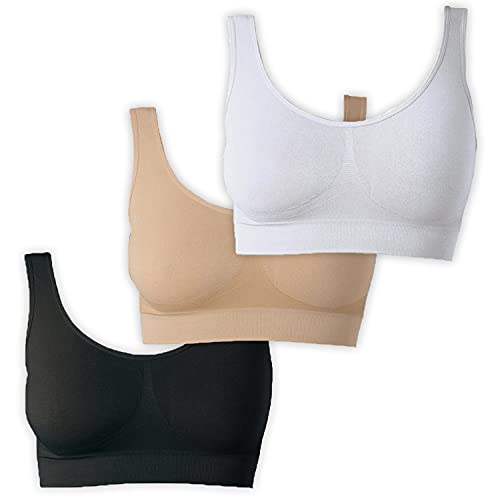 UnsichtBra Bustier Damen BH ohne Buegel | 3er Set Wohlfühl Bustiers Tops | Bügelloser Soft Bra | Schlaf Still Sport Crop Top Büstier schwarz, weiß, beige (wellbra_swh)(L)