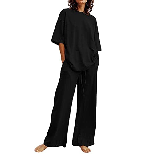 AACH lagerverkauf restposten Damen Zweiteiler Sommer Set ElegantLässiges Casual Oberteile + Weites Bein Hose Mode Locker Outfit Basic Bequem Leichte Loungewear Streetwear Zweiteilige