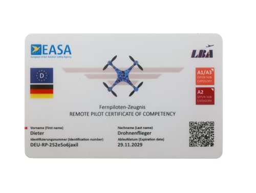 MJ Drohnenführerschein - mit QR-Code + Landesfahne, Kompetenznachweis für A1-A3, A2 oder STS-Lizenz in Scheckkartengröße, hochwertige Plastikkarte mit EASA Kartenschuber optional