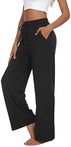 VIGVAN Jogginghose Damen Yogahose Weites Bein Freizeithose Trainingshose Sporthose Aktive Freizeit Gerades Bein Kordelzug Lose Lounge Pants mit Taschen (Schwarz, XXL)