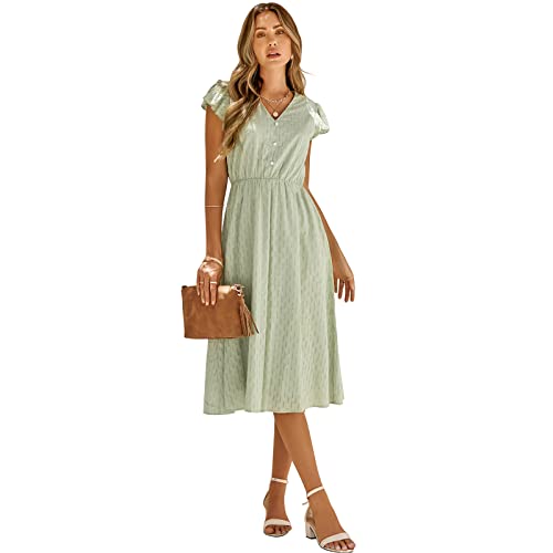 HEYPORK Damen Frühling Sommer Rock Bequem Lässig Kleider Mode Elegant Röcke Frauen Beiläufige Feste Farbe V-Ausschnitt Taille Abnehmender Frischer Stil Kleid(A Hellgrün, M)