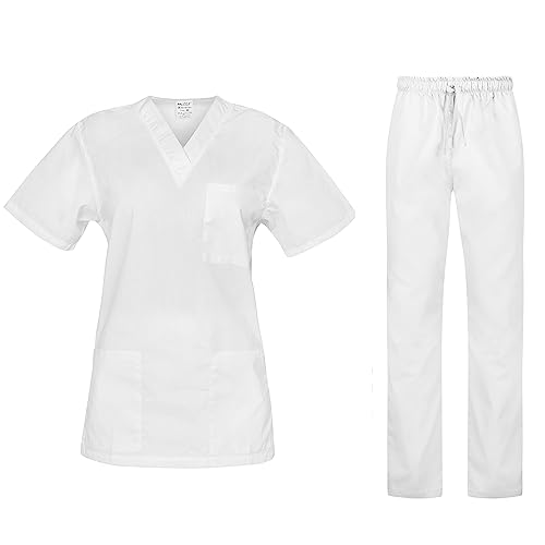 B-well Cesare Unisex-Schrubb-Set Schlupfkasack + Schlupfhose Set Medizin Arzt Uniform Schlupfjacke Oberteil mit Hose Medizinische Berufsbekleidung Weiß M