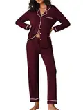 Ekouaer Schlafanzug Damen Lang Pyjama Set Zweiteiliger Damen Schlafanzug Knopfleiste V-Ausschnitt Sleepwear Oberteil und Pyjamahose Rotwein S