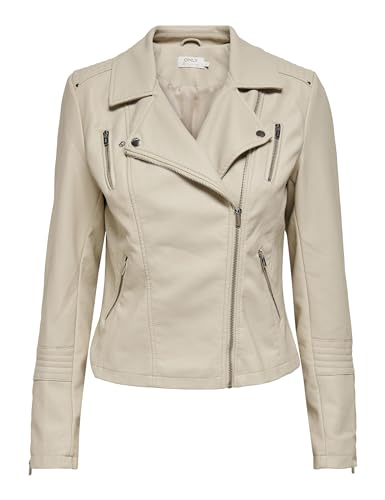 ONLY Damen Biker Kunstleder Jacke | Langarm Shacket Übergangs Blazer | PU Coated Shirt ONLGEMMA, Farben:Beige, Größe:38