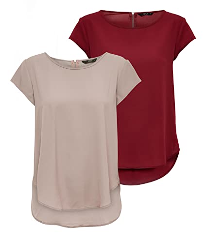 ONLY Damen ONLVIC S/S SOLID 2 Pack TOP, Merlot/Pale Mauve, 42