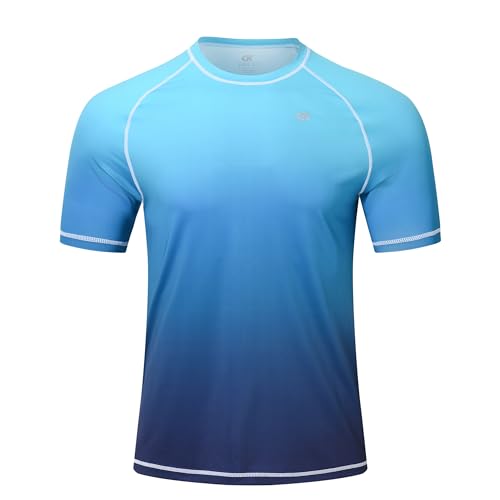 YuKaiChen Rashguard Herren Schwimmshirt Schnelltrocknend Atmungsaktiv Bade-T-Shirt mit kurzen Ärmeln Rashguards Wassersport für Männer Farbverlauf Blau Groß