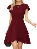 Missufe Flatterärmel Cocktailkleid Rundhalsausschnitt Rüschen Partykleid Damen A Linien Abendkleid Skater Kurz Kleider (Burgunderrot, Klein)