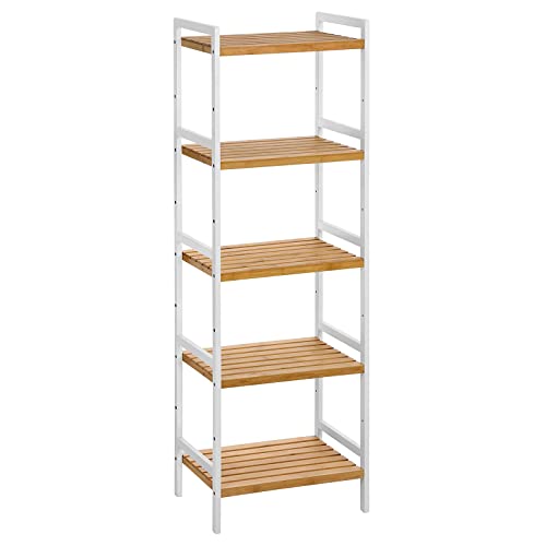 SONGMICS Bambusregal, Küchenregal, Badregal, Bücherregal, Standregal mit 5 Ablagen, 31,5 x 45 x 142 cm, für Bad, Küche, Wohnzimmer, Schlafzimmer, Balkon, naturfarben-weiß BCB75WN