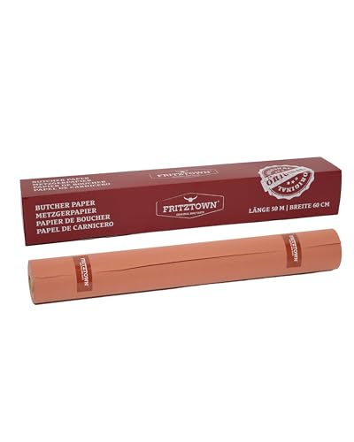 FRITZTOWN® DELUXE PINK BUTCHER PAPER | Metzgerpapier | Lebensmittelecht Ungewachst | Ideal für BBQ, Smoken, Räuchern und Fleischverpackung (1, 60cm x 50m Rolle-Box)