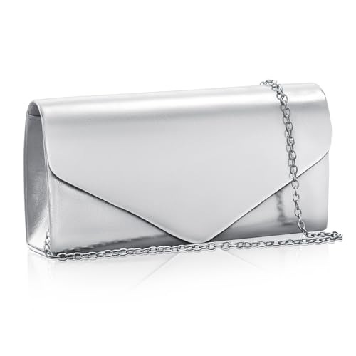 Toptime Clutch Silber, Metallic Glitzer Abendtasche Damen mit Abnehmbare Metallkette, Elegante Envelope Handtasche Silber Klein, Leder Crossbody Umhängetasche Damen für Hochzeit, Abschlussball, Party