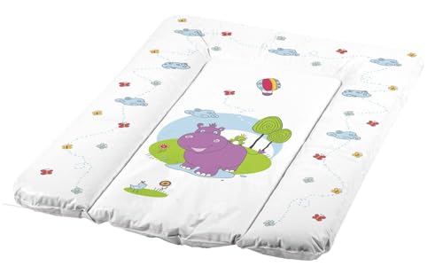 KiNDERWELT Premium Wickelauflage, wasserdichte Wickelunterlage mit Hippo, 50x70 cm, abwaschbare Wickeltischauflage in Weiß, leicht zu tragen, erhöhter Liegekomfort