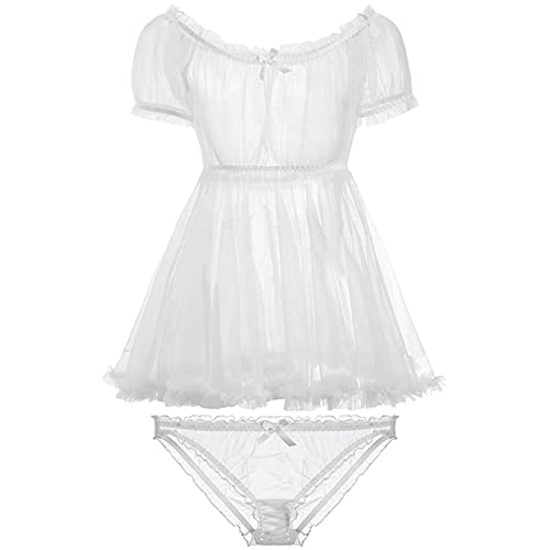 Juig Kawaii Spitze Nachthemd Dessous Pyjama Set für Frauen Off-Shoulder Tüll Versuchung Durchsichtiges Kleid Erotische Cosplay Kostüme