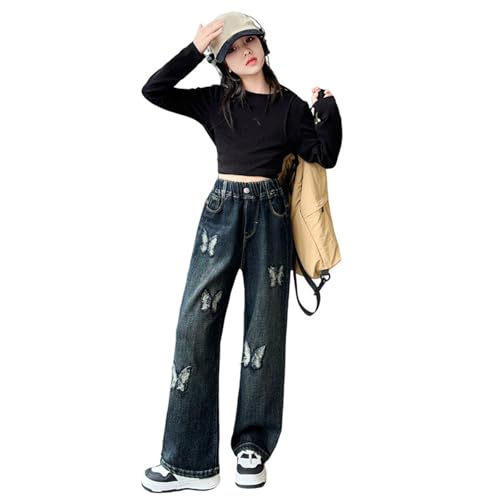 Generisch Jeans für Mädchen mit Herzmuster hohe Taille elastisch dehnbar weites Bein Denim-Hose Used-Look niedlich lässig Jeans Patch