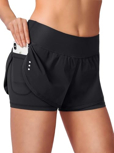 Blooshow Sport Shorts Damen Sommer Sporthose Damen Kurz Hose 2 in 1 Laufshorts Schnelltrocknend Running Gym Training Fitness Yoga Jogging Shorts mit Taschen (Schwarz, S)