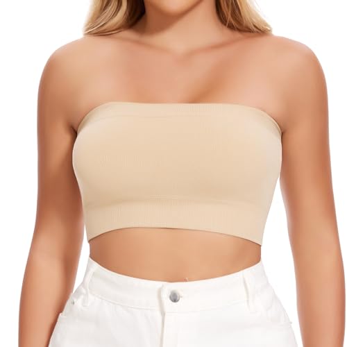 Joyshaper Damen Nahtlos Bandeau BH ohne Bügel Trägerloser Crop Top Push Up Bustier Bra Top Schulterfrei Tube Top Bauchfrei Kurz Oberteil Shirt Beige S