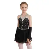 dPois Mädchen Eiskunstlauf Anzug Set Eislauf Trikot Kleid mit Handschuhe Glitzer Ski Skating Eislaufen Outfit Ballett Tanzkleidung Schwarz 146-152