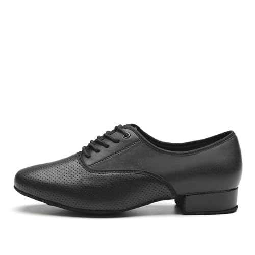 SWDZM Tanzschuhe Herren Leder Atmungsaktive Lateinischer Ballsaal Salsa Tango Tanzschuhe Männer Übungsschuhe,Schwarz Loch,Wildleder Sohle,43EU