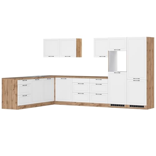 Lomadox Winkelküche Küche Einbauküche Küchenzeile L-Form 360/240 cm in weiß und Eiche, Arbeitsplatte in Eiche