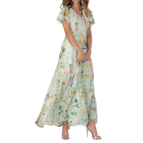 Sommerkleid Damen Lang Chiffon Geblümt Maxikleid Elegant Italienische Kleider Maxi A Linie Sommerkleider Leicht Und Luftig Chiffonkleid Frauen Sommer Blumen V Ausschnitt Kleid Flatterärmel
