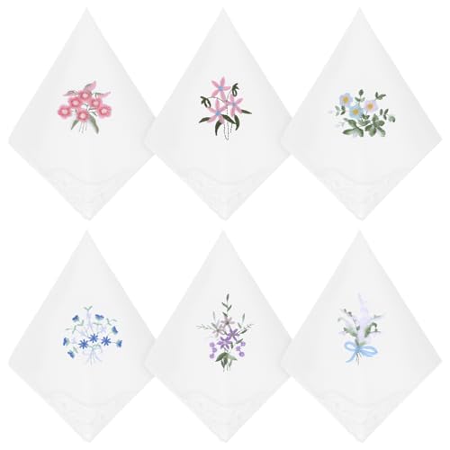 Apausvcm 6 Stück Stofftaschentücher Damen,Florales Spitzen-Taschentuch,Vintage-Blumen-Taschentuch,Bestickte Taschentücher,Weiße Taschentücher Baumwolle,für Braut Bräutigam Hochzeitstag Geschenk