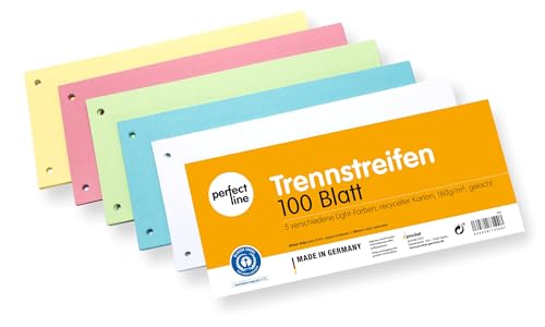 perfect line 100 Trennstreifen für Ordner A4, Trennblätter aus Recycling-Karton, MADE IN GERMANY, 5 Farben, gelocht