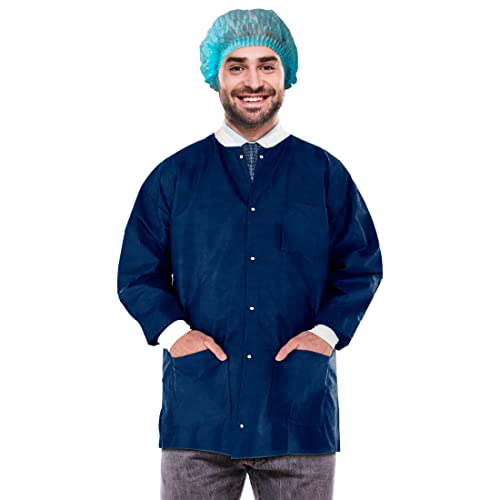 EZGOODZ Einweg-Laborjacken, 76.2 cm, 10 Stück, True Blue, Hüftlänge, Arbeitskleidung, Medium, SMS 50 g/m², Hemden mit Druckknöpfen vorne, Unisex PSA-Körperschutz, Kurzmäntel