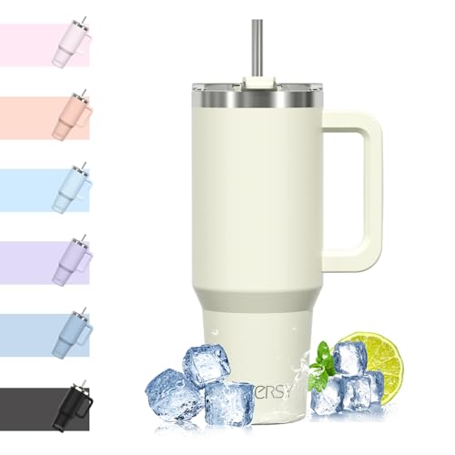 WATERSY 40oz Kaffeebecher to Go Thermobecher Doppelwandiger Edelstahl Vakuum Auslaufsicher Trinkbecher mit Griff und Strohhalm, Tragbare Autobecher Thermo Tumbler Beige für Kalte Heiße Getränke