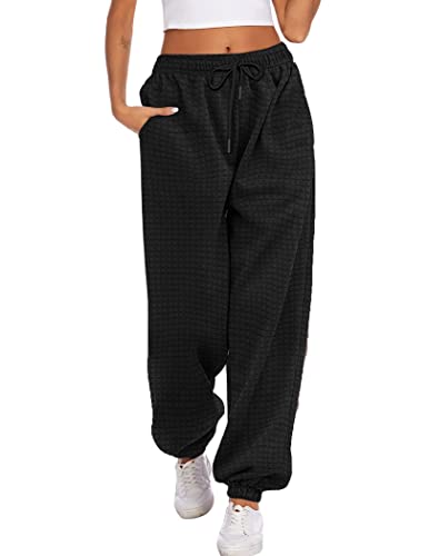 Hotouch Jogginghose Damen Warm Waffle Lang Hose Baggy Freizeithose Elastisch High Waist Hosen Winter Sweatpants mit Taschen Schwarz XXL