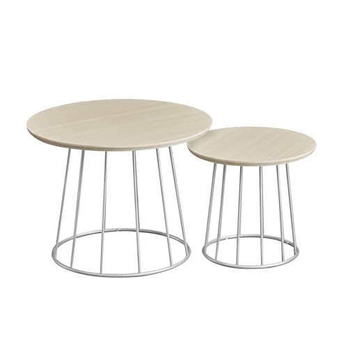 VASAGLE Couchtisch rund, 2er Set, modern, runder Beistelltisch, mit Stahlgestell, für Wohnzimmer, Schlafzimmer, naturbeige LCT045K67